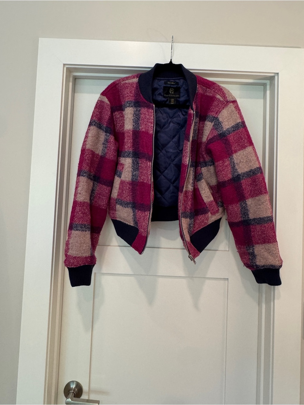House of Harlow Plaid Bomber Jacket in Pink and Navy